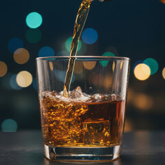 a clear glass filled with amber whiskey, ice cubes, and being poured from a bottle. Background features bokeh