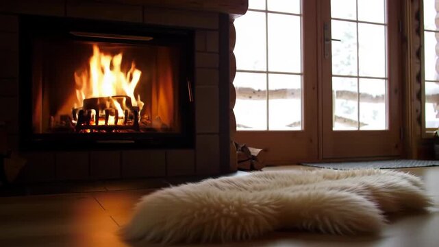 Cozy fireplace with burning logs and a soft fur rug in a rustic cabin.