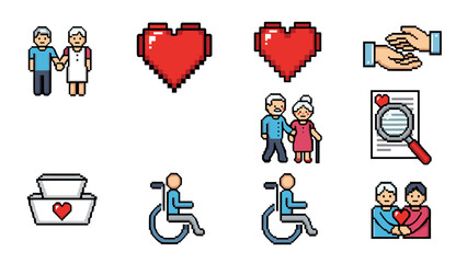 Fototapeta premium Pixel art icons for elderly care and support services