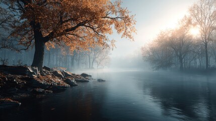 Fototapeta premium Serene autumn morning mist over river nature photography calm environment gigapixel view
