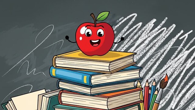 Educational Supplies Stack with Animated Apple Against Chalkboard
