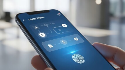 Closeup of a smartphone screen displaying fingerprint scan login options on a blurred office background