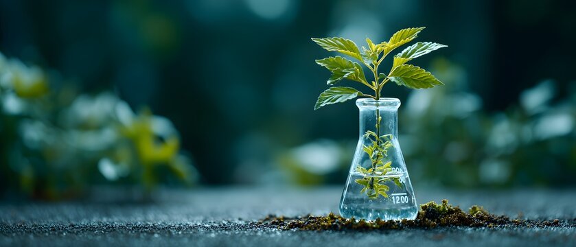 Green plant seedling growing inside a laboratory glass flask, set against a clean sterile background to represent biotechnology and science.