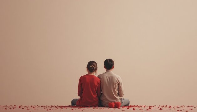 Couple sitting together seen from behind with scattered rose petals on the floor