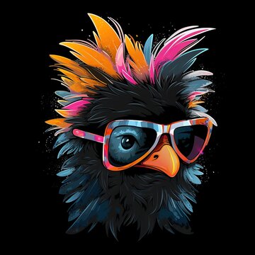 Vibrant mohawk parrot mascot headshot with oversized colorful sunglasses against black backdrop