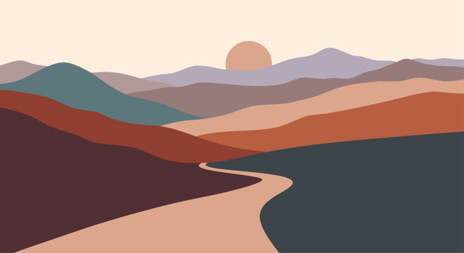 Serene abstract landscape illustration with rolling hills and a winding path under a muted sun