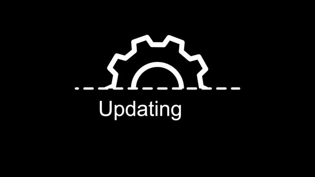 Updating gear icon animation on black background, software update progress indicator, technology system maintenance UI loop