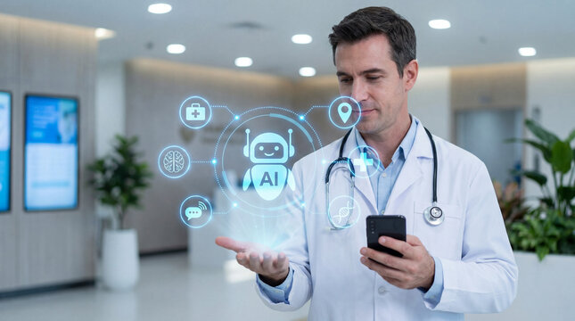 Doctor using smartphone with AI hologram interface for digital healthcare and medicine in modern hospital. - Powered by Adobe