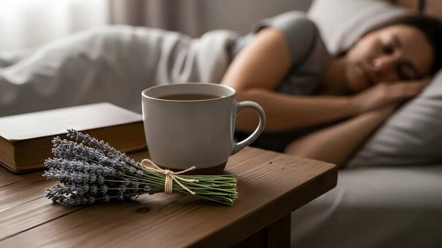 Woman Sleeping Peacefully with Coffee and Lavender on Bedside Table