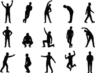 Fototapeta premium Human body movement silhouettes set showing standing walking stretching jumping poses, everyday activity illustration for fitness, lifestyle, motion design