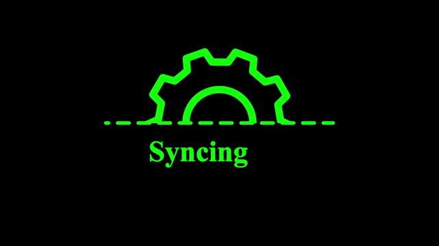 Syncing gear icon animation on black background, data synchronization progress indicator, technology system transfer