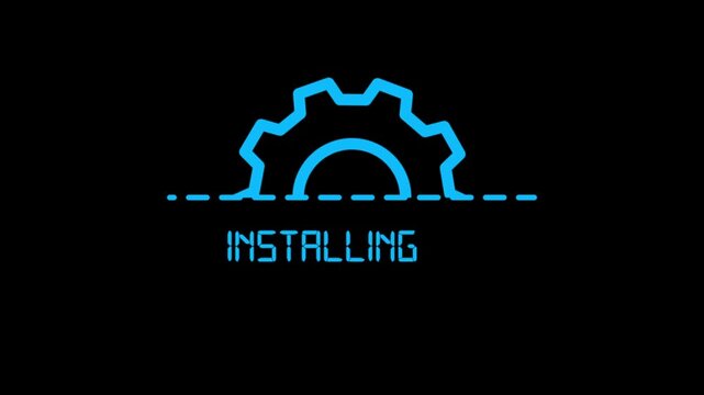 Installing gear icon animation on black background, software setup progress indicator, technology system installation UI loop