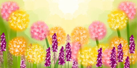 Garden flowers reach out to the sunlight. Vivid computer illustration.