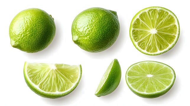 Fresh green limes whole and sliced on white citrus
