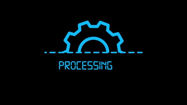 Processing gear icon animation on black background, system operation progress indicator, technology software workflow