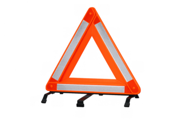 Reflective orange warning triangle for road safety and vehicle breakdown assistance on transparent background