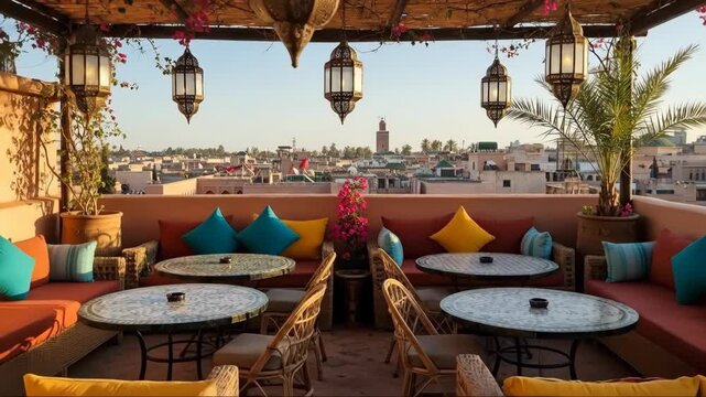 Rooftop terrace overlooking vibrant cityscape at sunset in marrakech