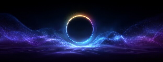 A luminous golden ring resembling a mysterious black hole or cosmic portal, with red-orange gradients and surrounded by flowing blue-purple nebula on a deep black background, creating a sense of unkno