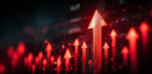 A sharp red jagged upward arrow over a blurred financial chart with warm bokeh lights, symbolizing strong market surge, bullish trend, and aggressive growth.