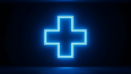 Obraz premium Glowing neon blue cross symbol illuminated brightly in dark room representing first aid medical assistance and emergency help