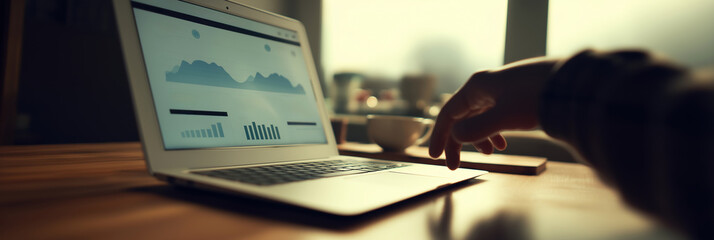 Hand using laptop with charts and graphs on screen, analyzing business data in modern office environment with natural light
