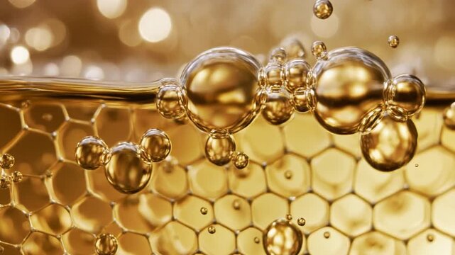 Close Up Honey Dripping Slow Motion Golden Liquid Bubbles Macro Shot Honeycomb Texture