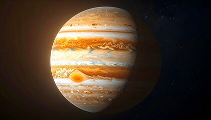 Jupiter with swirling cloud bands and high contrast lighting in space