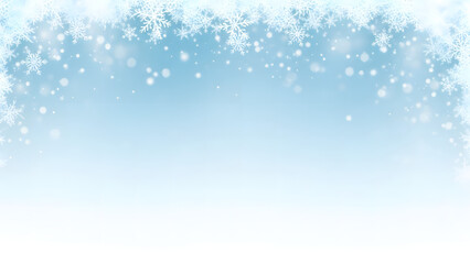 Gentle snowfall of delicate snowflakes against a soft blue winter sky