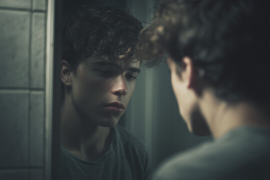 Teen self-esteem and social pressure, teenage boy looking at his reflection in dark mirror