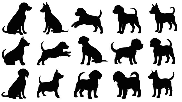Multiple puppy silhouettes in various playful poses.