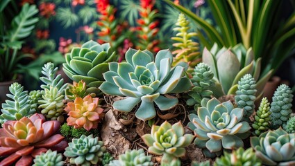 Obraz premium A diverse collection of succulents with green, blue, and pink leaves, grown together in a pot. AI-generated.