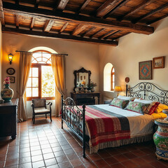 Cozy Tuscan style bedroom with wrought iron bed and warm natural light