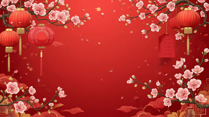 Red background with cherry blossom branches and Chinese lanterns