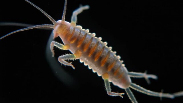 Closeup of Transparent Amphipod Crustacean with Colorful Legs and Antennae Under Microscope