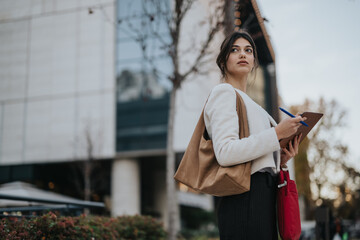 A stylish woman stands on a city street, clipboard in hand and a tan tote over the shoulder. The urban scene shows her ready for work in a modern, professional look.