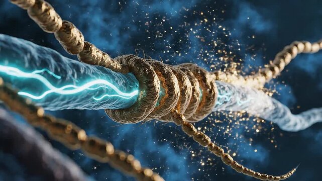 D N A strands connecting with glowing energy particles in futuristic molecular science animation