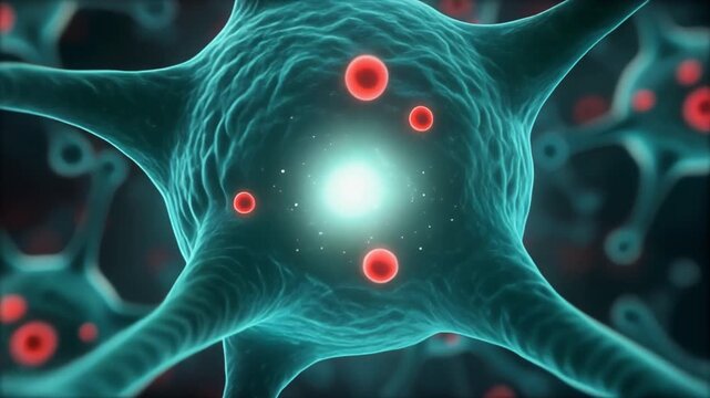 Glowing Neural Network Cell with Synaptic Connections in 3 D Animation