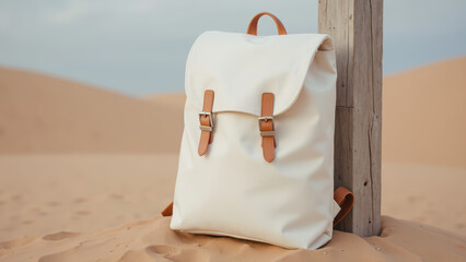 Stylish backpack with leather straps resting against wooden post in sandy desert landscape, evoking sense of adventure and exploration