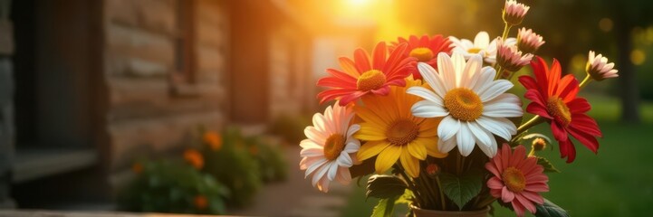 Sunlit bouquet of mixed flowers, rustic setting, flora, design