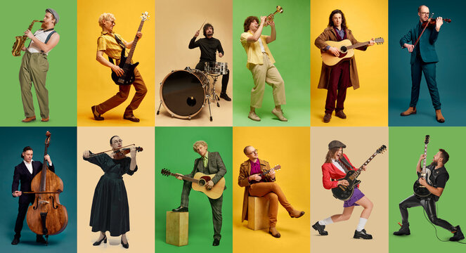 10 musicians playing different instruments in studio collage with colorful backgrounds. Concept of music diversity, live performance, creative professions, band members, and entertainment industry.