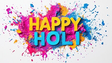 happy holi, a colorful powder splash background with the text written in yellow, white, and blue colors on top of it, atmosphere of celebration for the traditional indian festival, vibrant and festive