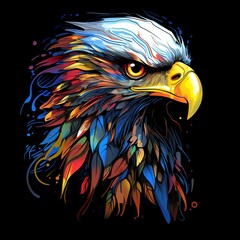 Vibrant Multicolored Eagle Portrait with Dynamic Feather Details and Intense Gaze on Black Background