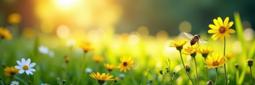 Sunlit meadow teeming with buzzing insects and blooming flowers , pollinators, green