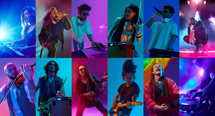 Composition of 8 modern musicians performing live under colorful stage lights. Concept of concert promotion, live shows, music genres, performers, nightlife events, and entertainment industry.