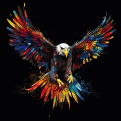 Vibrant Multicolored Eagle with Wings Spread Across a Deep Black Background in Dynamic Digital Art