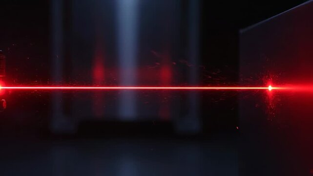A beam of red light piercing through a dark, industrial scene