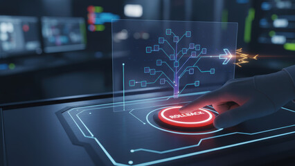 Ai developer programming coding technology futuristic interface with rollback button and data tree visualization conveying control and urgency