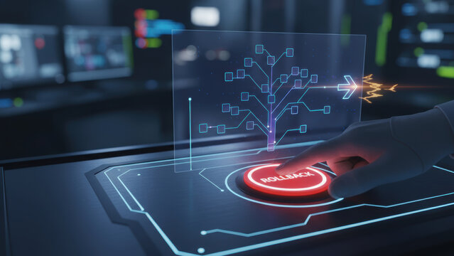 Ai developer programming coding technology futuristic interface with rollback button and data tree visualization conveying control and urgency