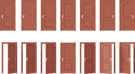 Fototapeta premium Collection of wooden door illustrations, closed and open door variations, interior doorway icons, realistic home entrance elements for design and decoration