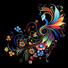 Vibrant Multicolored Floral Swirl with Peacock-Like Tail on Black Background